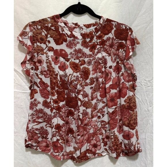 Amour Vert Women's Red Floral Feminine Flutter Sleeve Blouse Sz‎ L Cottagecore - Picture 1 of 12